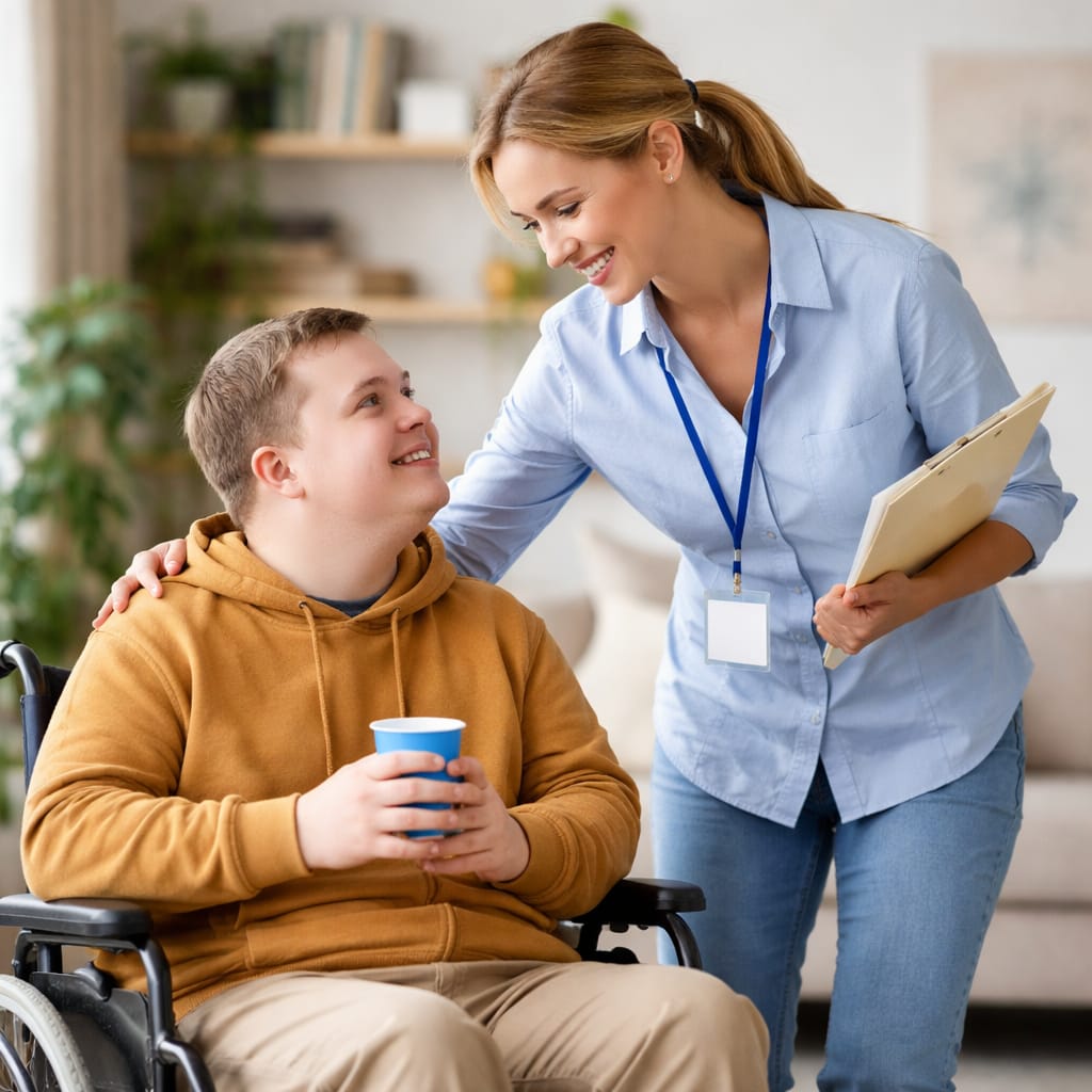 ISL_Staff_Helping_An_Individual_In_A_Wheelchair ISL Staff member helping a mentally handicapped individual in a wheelchair