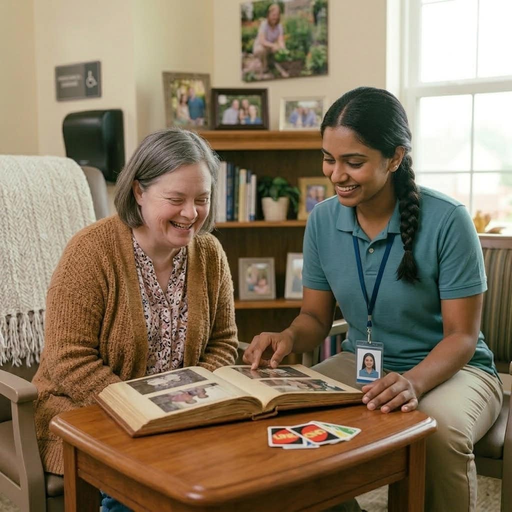 Staff showing pictures to mentally handicapped woman
