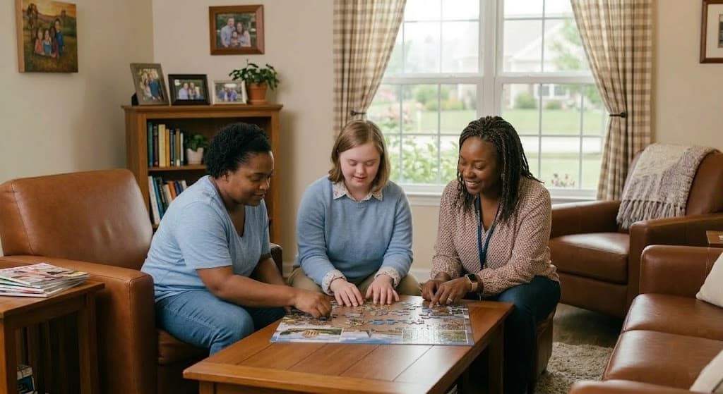 Two mentally handicapped individuals working with staff on a puzzle
