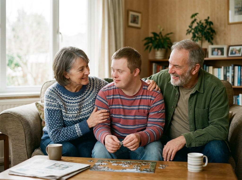 Mentally handicapped son sitting with his parents